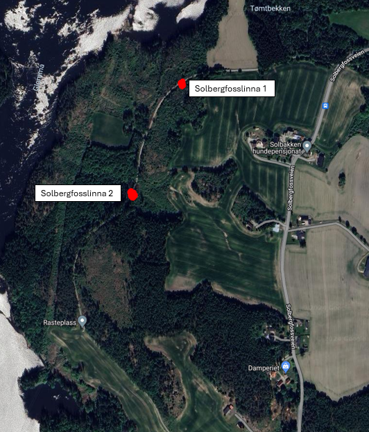 Kart som viser arbeid med broer på Solbergfosslinna - Klikk for stort bilde