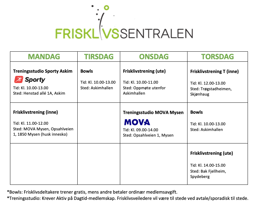 Frisklivssentralen timeplan høsten 2025 - Klikk for stort bilde