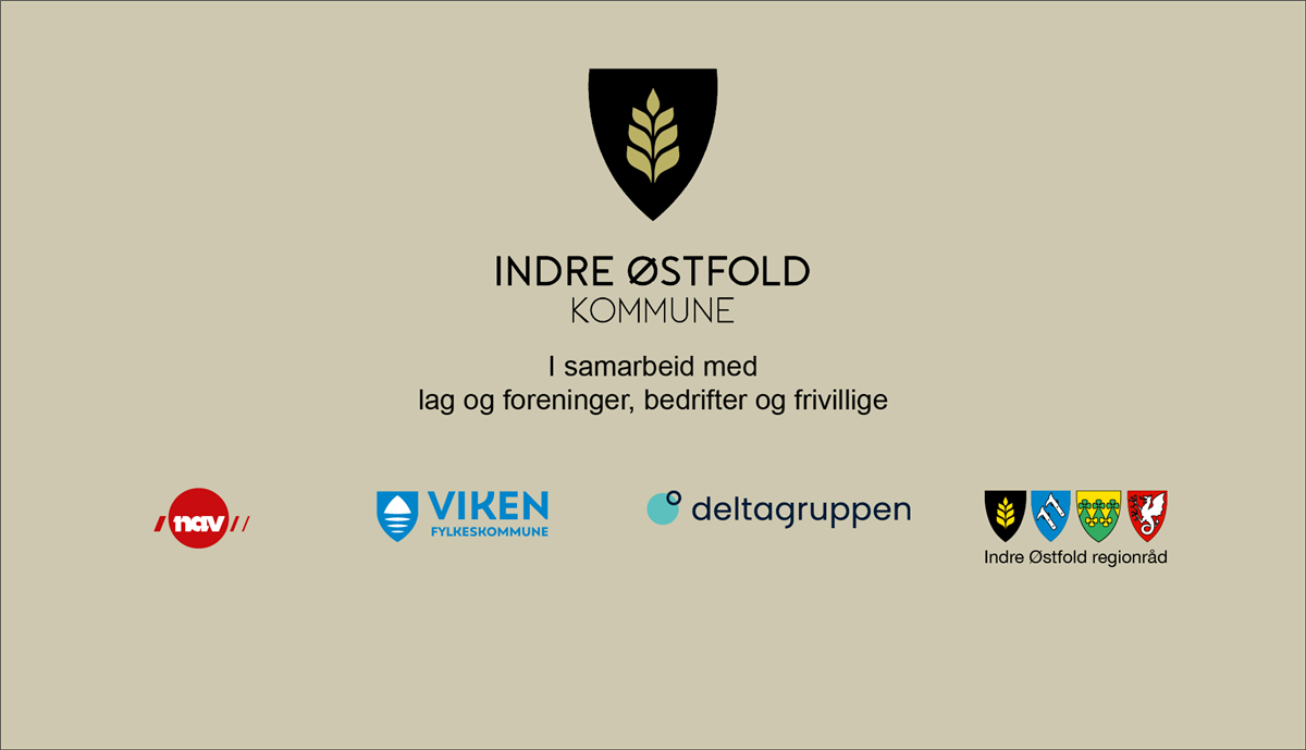 Logo Indre Østfold kommune, Deltagruppen, Viken fylkeskommune, Indre Østfold regionråd og nav. Illustrasjon. - Klikk for stort bilde